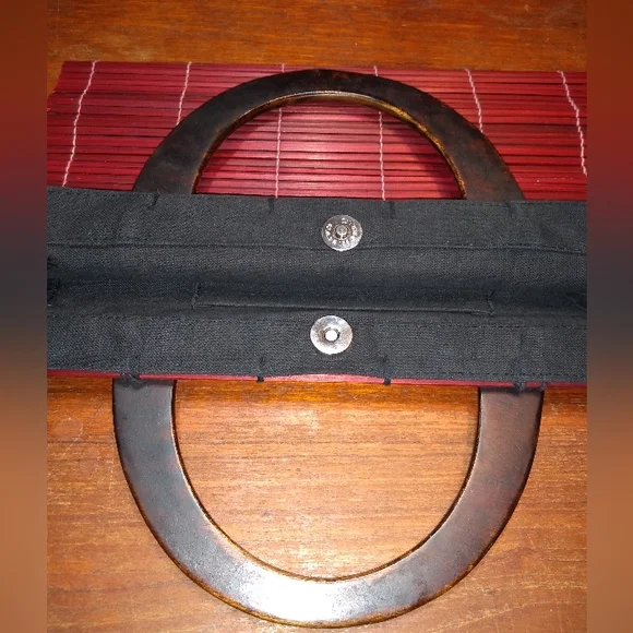 Asian Inspired Burgundy Bamboo-Look Handbag, 2 Lucite Handles, Snap Clos… - Picture 5 of 9